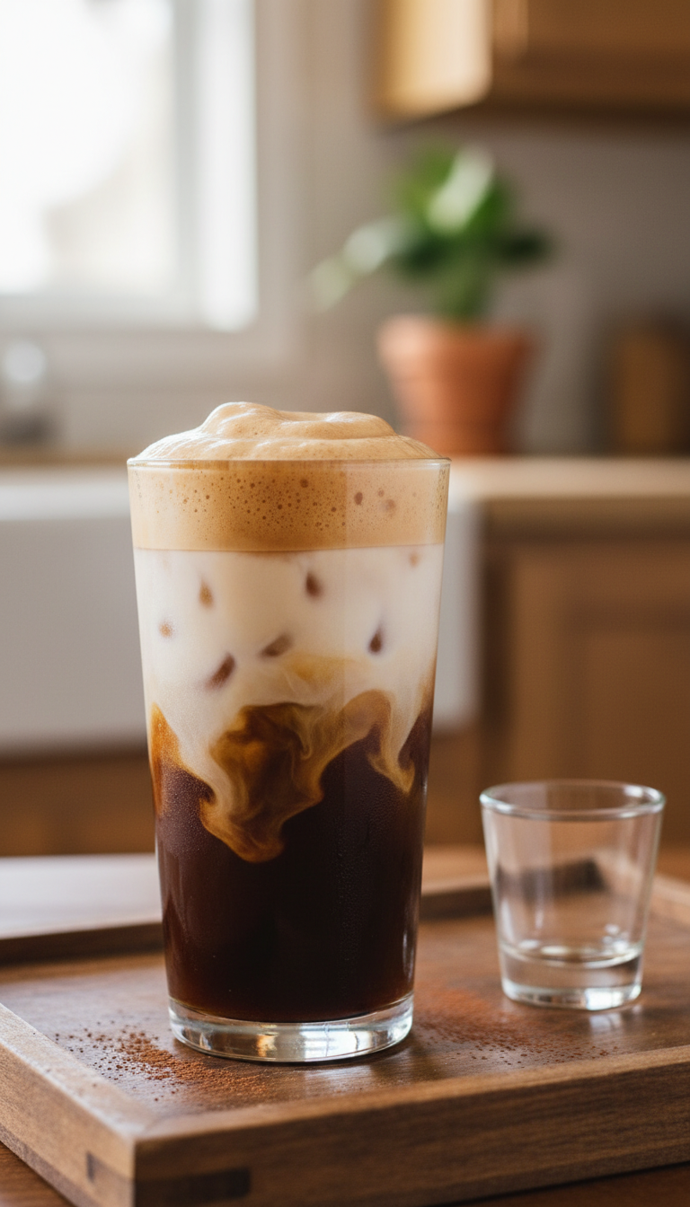 Layered iced latte with espresso, milk, cold foam in tall glass, wooden tray, blurred kitchen, cocoa powder.