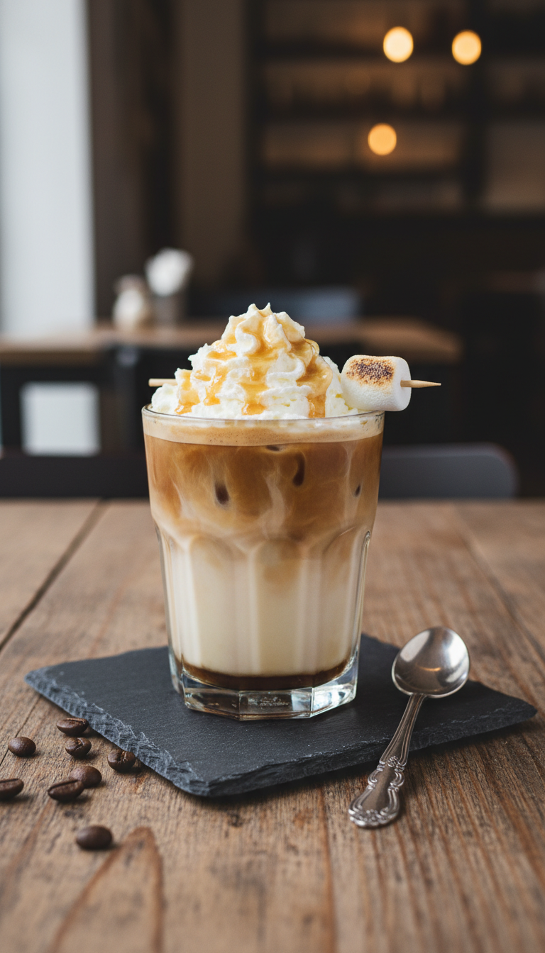 Layered iced latte with marshmallow syrup, whipped cream, and mini toasted marshmallow on slate coaster.