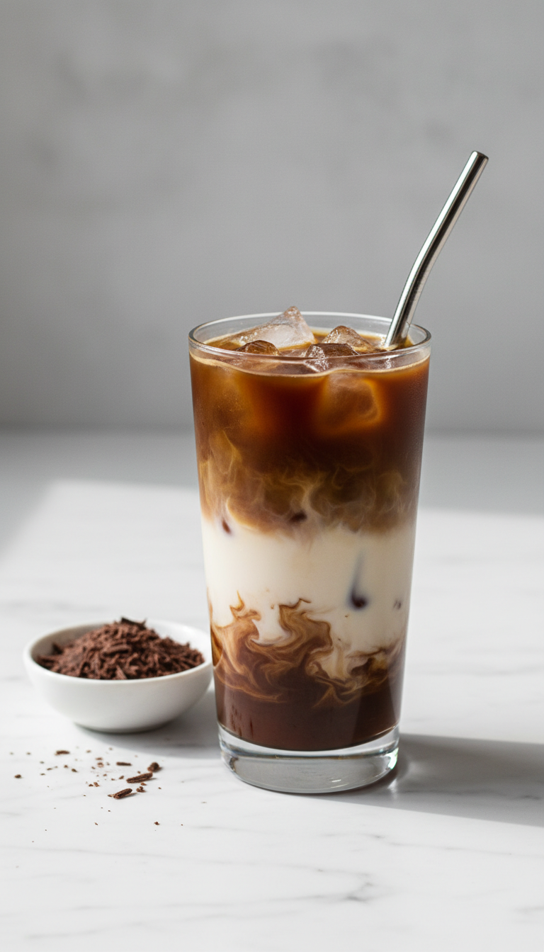 Layered iced mocha almond milk coffee in clear glass with chocolate shavings & metal straw on white marble. Refreshing drink.