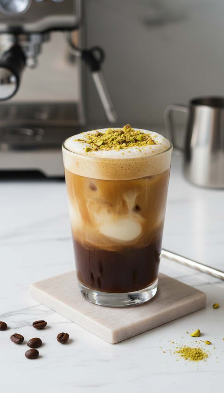 Layered iced pistachio latte in a tall glass, with espresso, milk, foam, and pistachio dust on marble. Coffee drink.
