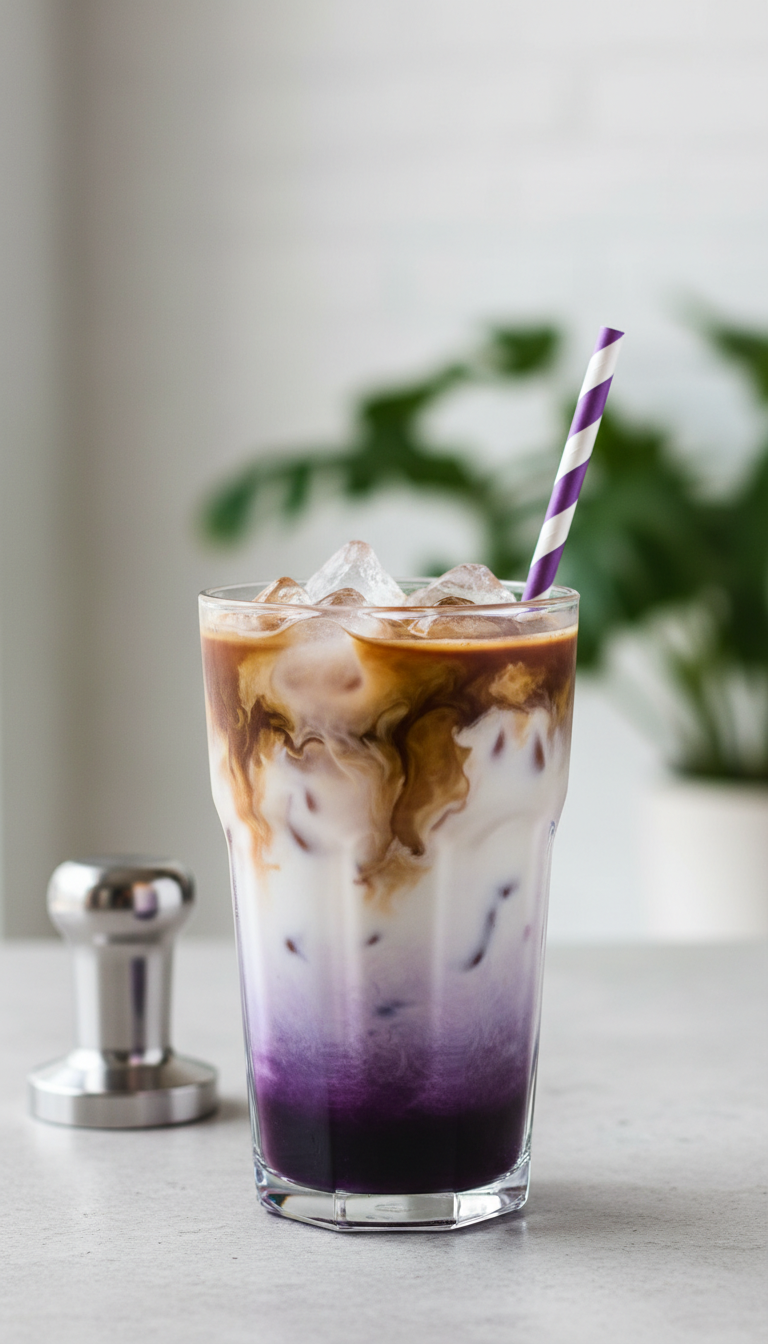 Homemade Ube Coffee Syrup: Ultimate DIY Guide 13 Layered iced ube latte: purple syrup, milk, espresso cascading in glass. Straw, tamper. Refreshing ube coffee drink.