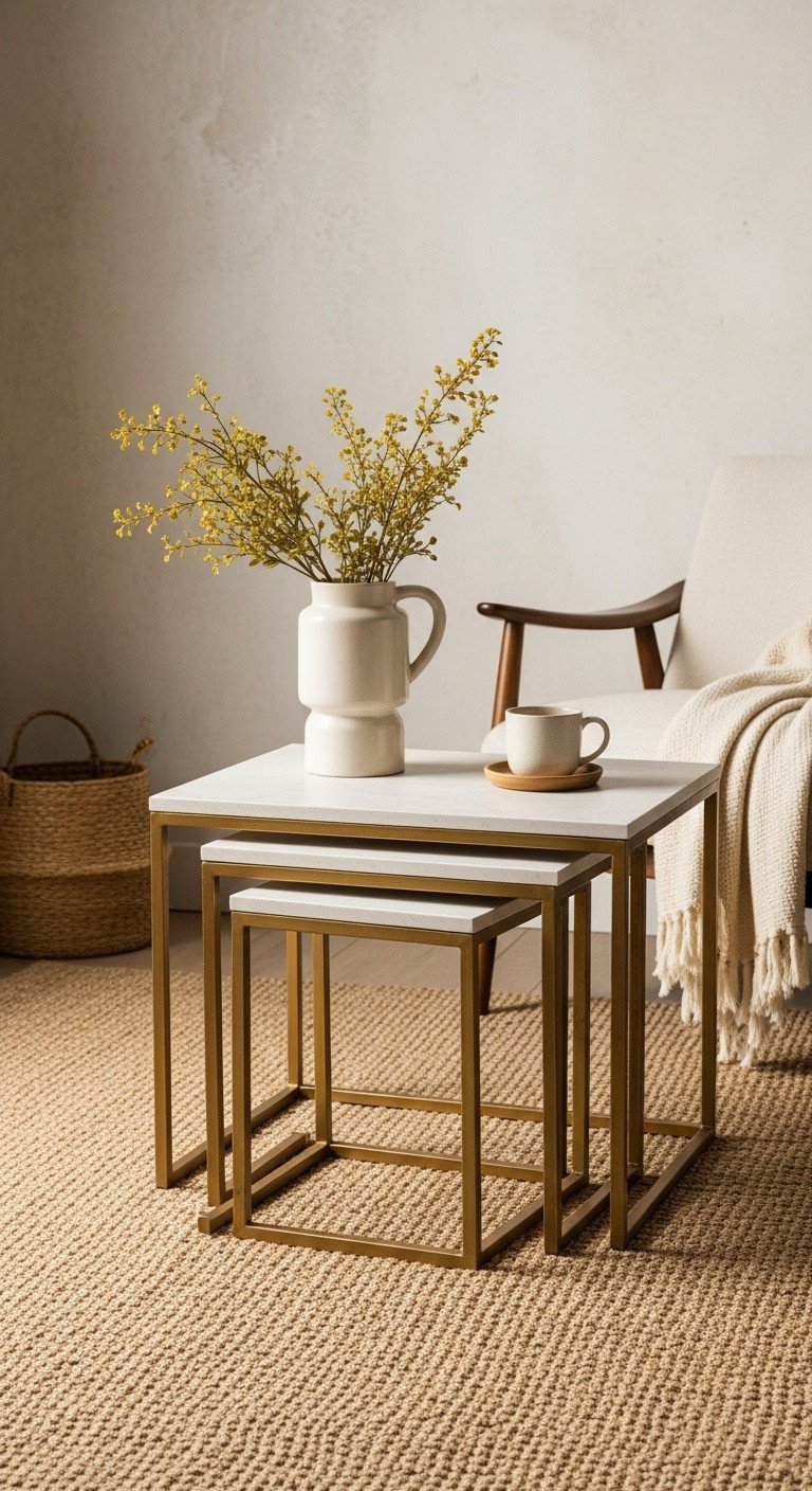 11 Genius Geometric Coffee Table Designs You Need 3 Layered nesting geometric coffee tables on a natural fiber rug, with a modern armchair and cashmere throw in a chic living room.