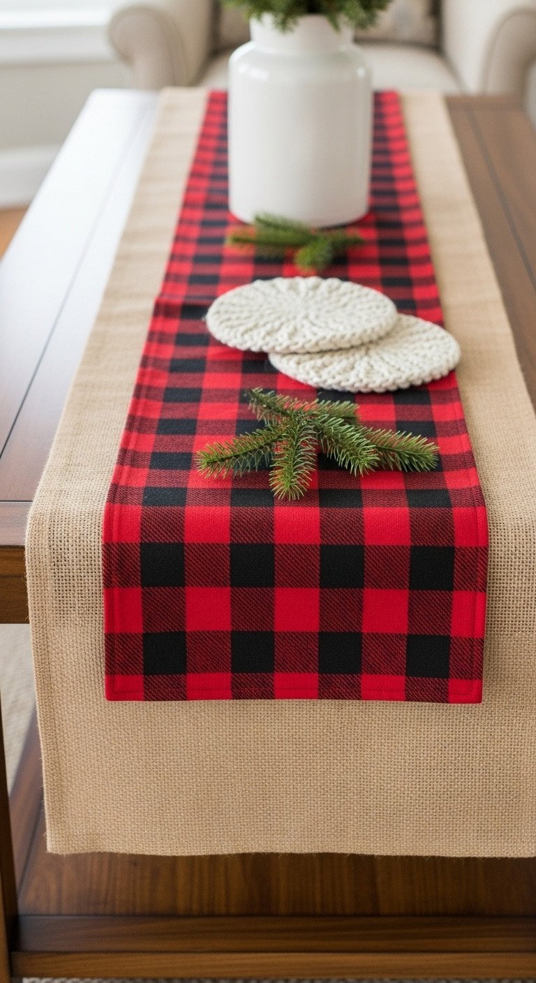 Layered red and black buffalo plaid coffee table runner, burlap, dark walnut table, white knit coasters, pine sprigs, cozy decor.