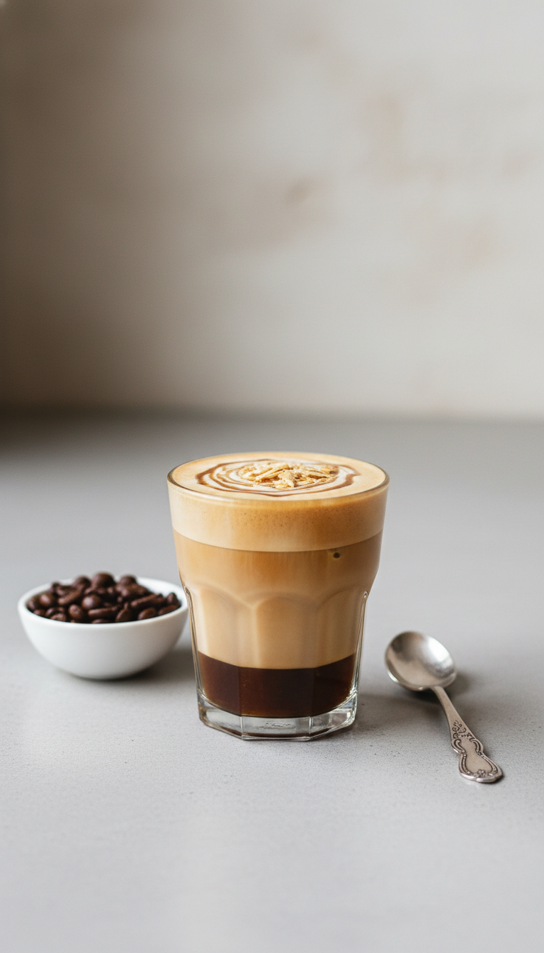 Dunkin Donuts Iced Coffee Toasted Almond: 7 Must-Try Orders 7 Layered signature toasted almond iced latte, espresso, creamy milk, frothy top, coffee beans, vintage spoon. Elegant flat lay.