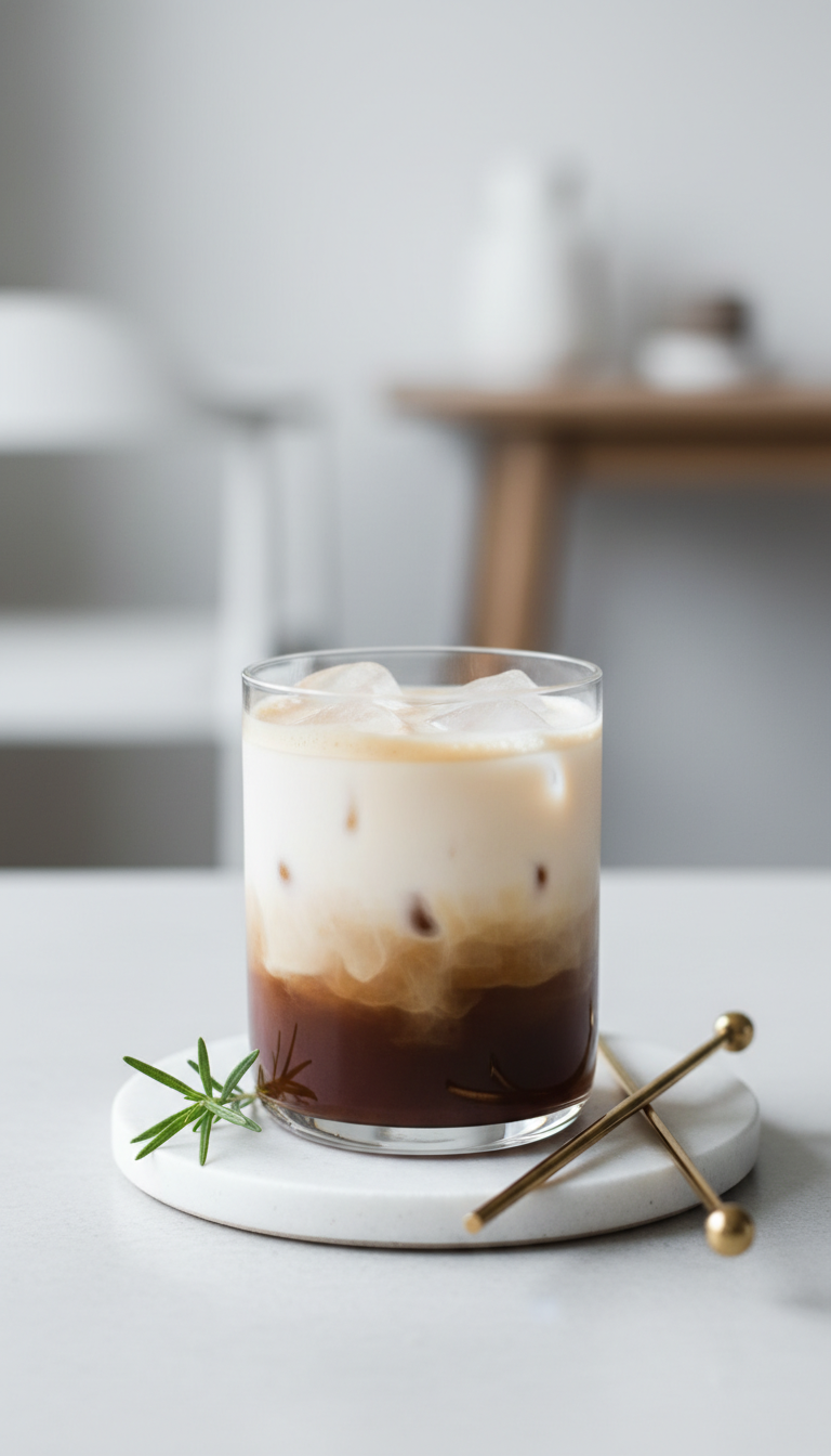 Layered vanilla iced latte, espresso, oat milk, ice in clear glass. White coaster, green sprig, gold stirrers. Elegant, minimalist design.