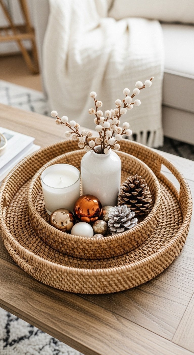 Layered woven tray centerpiece on rustic wooden coffee table with white candle, bronze ornaments, bleached pinecones.