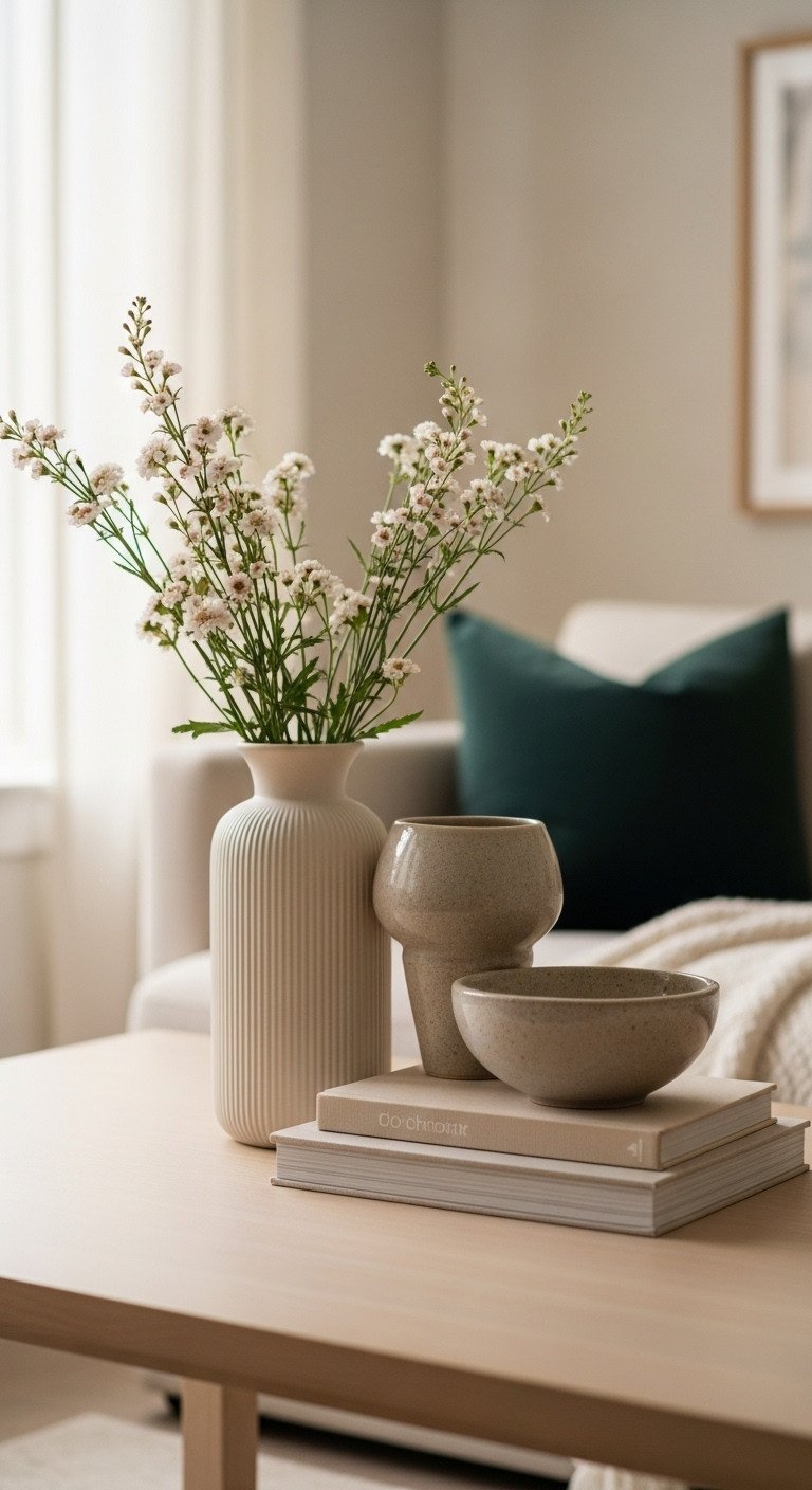 Lifestyle coffee table styling: vase with delicate flowers, decorative bowl, stacked books on light wood. Cozy home decor.