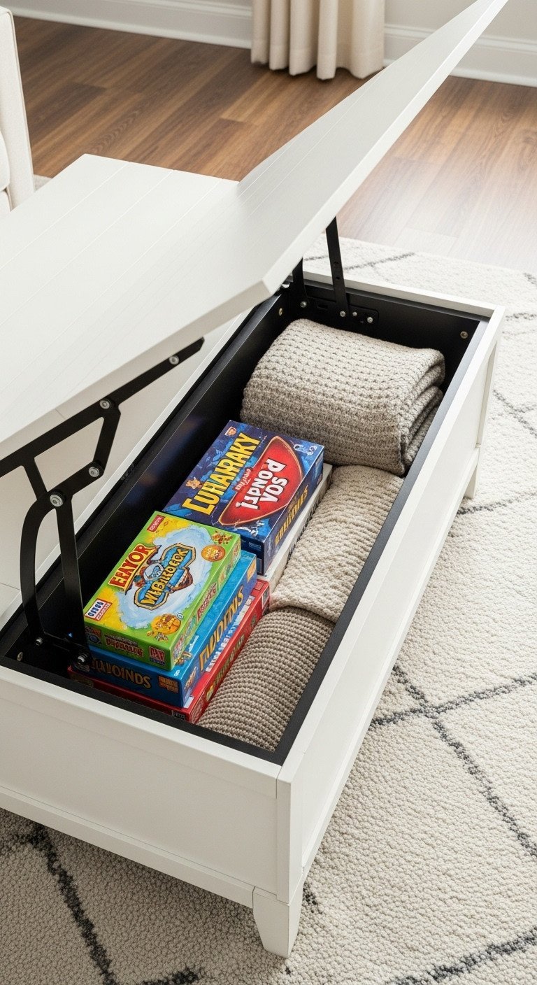 Unlock Genius Storage In A Quality Lift-Top Coffee Table 8 Lift-top coffee table with extra-large hidden storage, opened wide, neatly holding board games and a thick throw blanket.