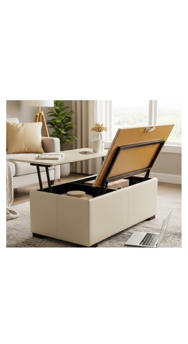 Elevate Your Space With A Luxurious Leather Coffee Table 9 Lift-top faux leather coffee table elevated for workspace, revealing storage, in a modern apartment living room with a laptop.
