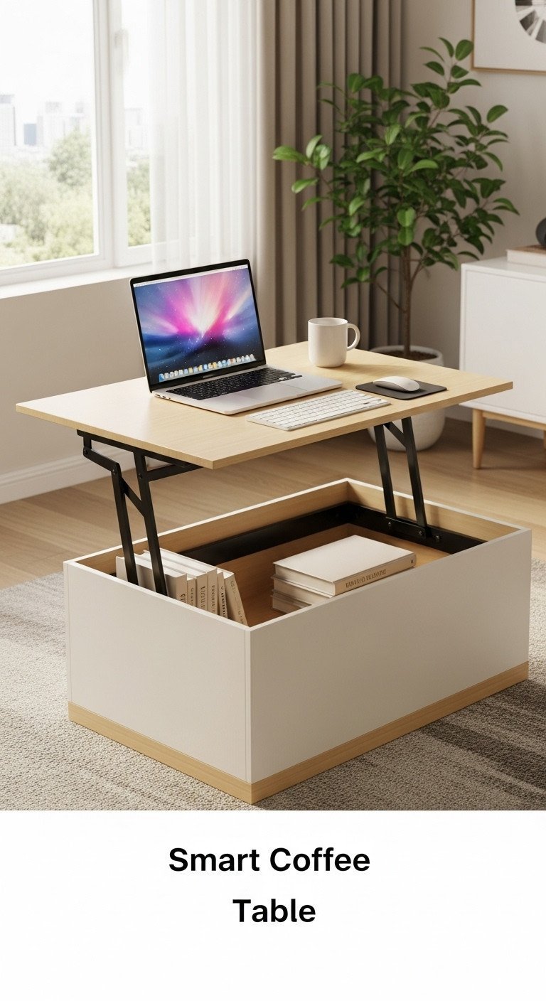 Lift top smart coffee table raised, laptop and keyboard for home office. Hidden storage with books. Modern compact living space.