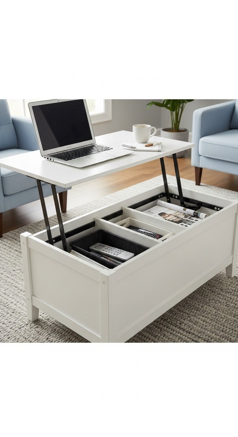 Lift-top storage coffee table, raised mechanism, organized compartment. Modern living room functional furniture.