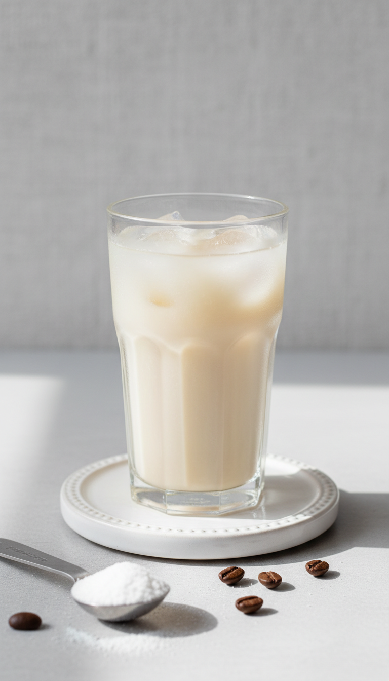 Light Dunkin' Toasted White Chocolate Iced Coffee in glass, low-calorie, with sugar substitute on white coaster, bright daylight scene.