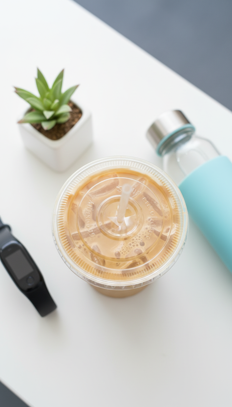 Light Skinny Caramel iced coffee, sugar-free, skim milk, with fitness tracker and green plant on a white surface.