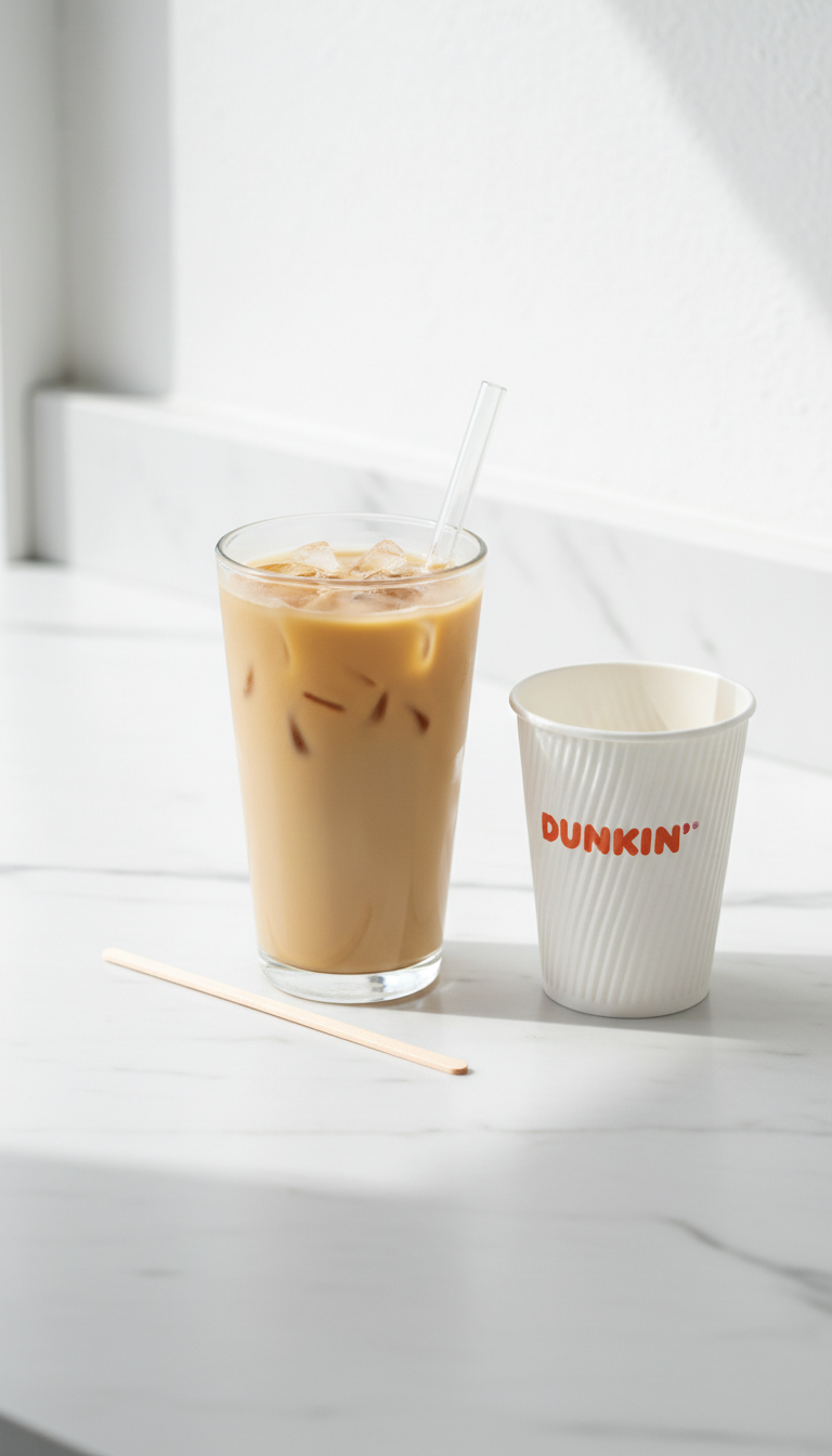 Light beige low-fat, low-sugar iced coffee with a glass straw on white marble, minimalist clean aesthetic.