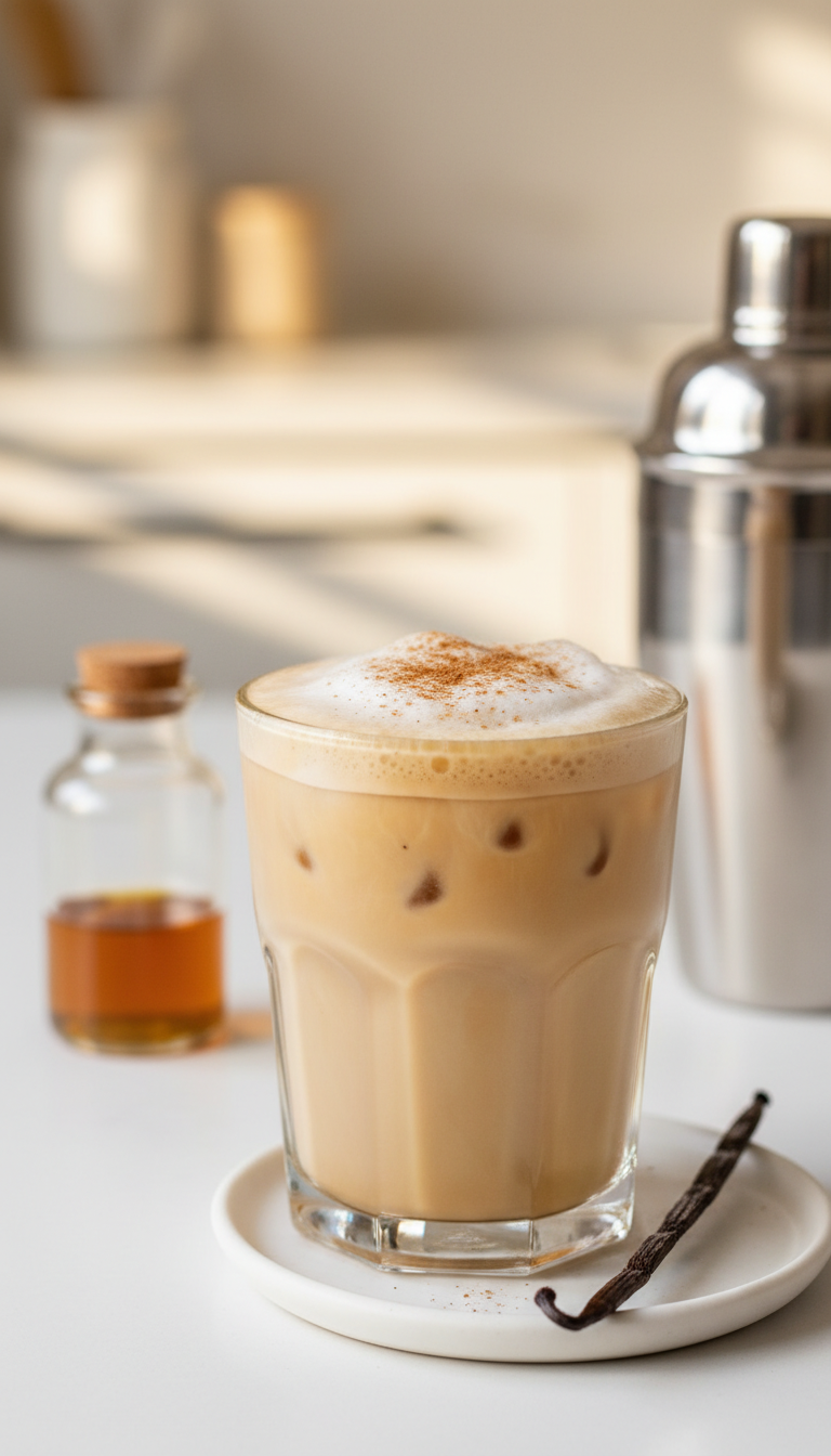Light cinnamon vanilla iced coffee in a clear tumbler with foam, sprinkled cinnamon, and a vanilla bean on ceramic.