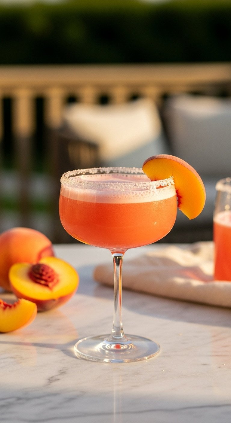 Lotus Energy Drinks 11 Expert Recipes To Master Clean Energy 5 Light coral-pink Pink Lotus energy drink with peach syrup in elegant stemmed glass, sugared rim, peaches on marble patio.