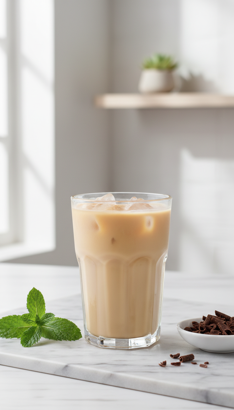 Light cream iced coffee in clear glass with ice, white marble counter, minimalist room, sugar-free chocolate shavings, mint.