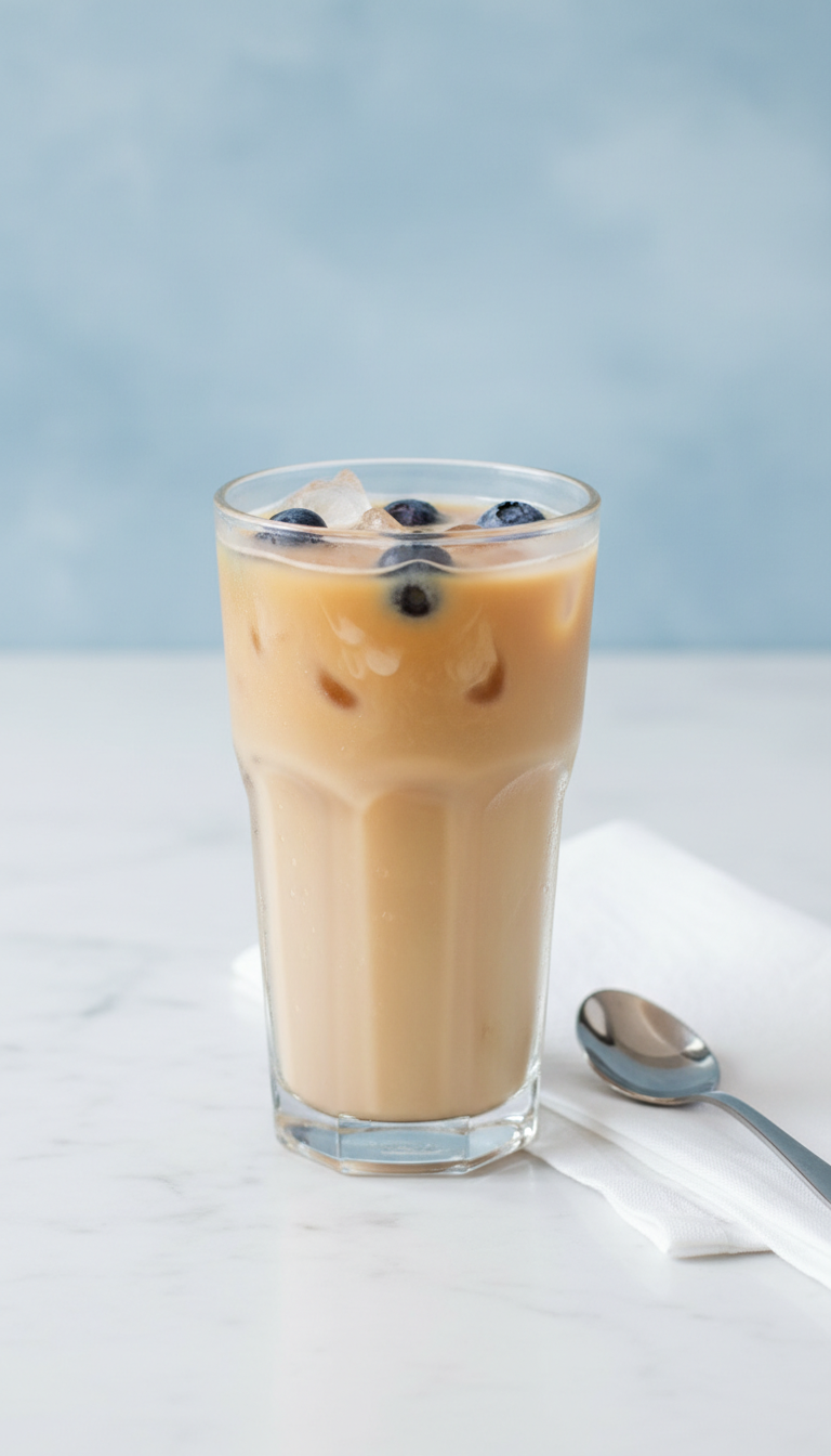 Dunkin' Sugar Free Iced Coffee: 11 Best Healthy Orders 5 Light, fruity iced coffee with floating blueberries, ice, splash of milk on a clean white table, bright daylight.