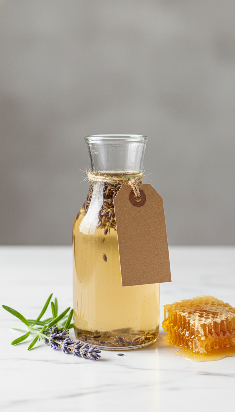 Light golden honey lavender syrup with delicate purple buds in a glass carafe. Fresh lavender and honeycomb on white marble.