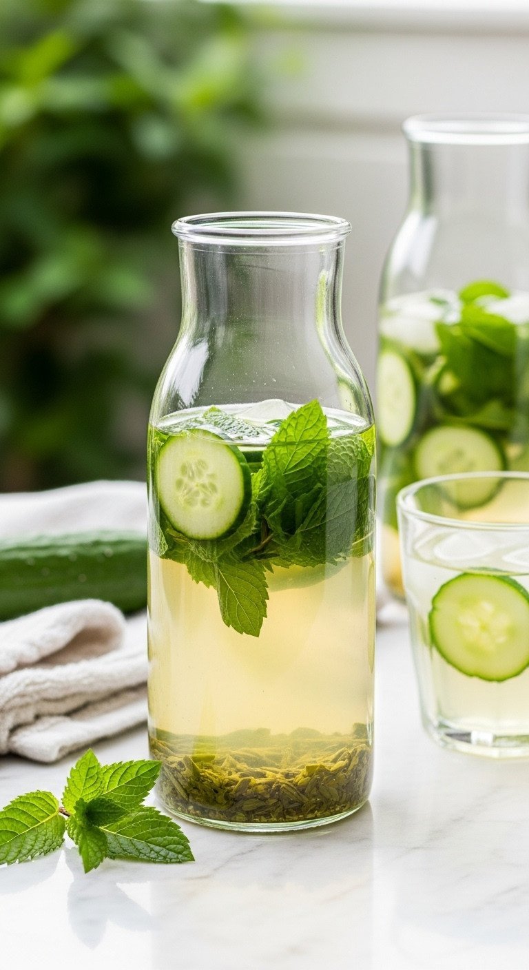 Iced Tea Recipe Secrets to Non Bitter Cold Brew Perfection 7 Light green tea infuses with fresh cucumber slices and mint leaves in a glass bottle on a white marble counter.