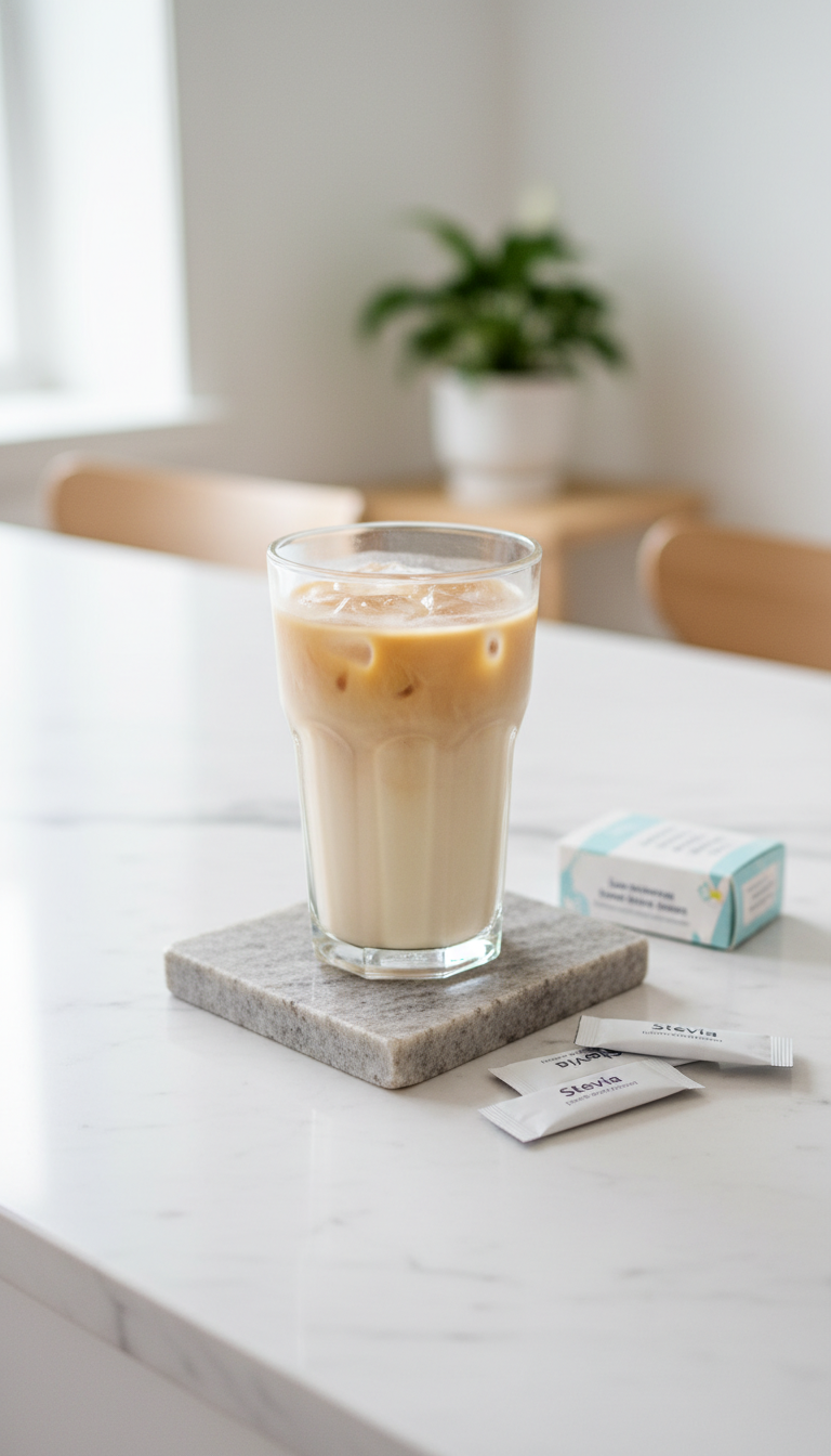 7 Sweet Dunkin Iced Coffee Orders: Ultimate Guide & Custom Tips 9 Light low-calorie iced coffee in clear tumbler, pale creamy, dairy-free creamer. Stone surface, minimalist room, stevia, bright daylight.