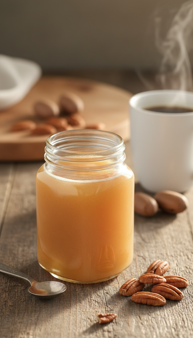 Light maple pecan coffee syrup in a jar with shelled pecans on a rustic wooden table next to steaming coffee mug.