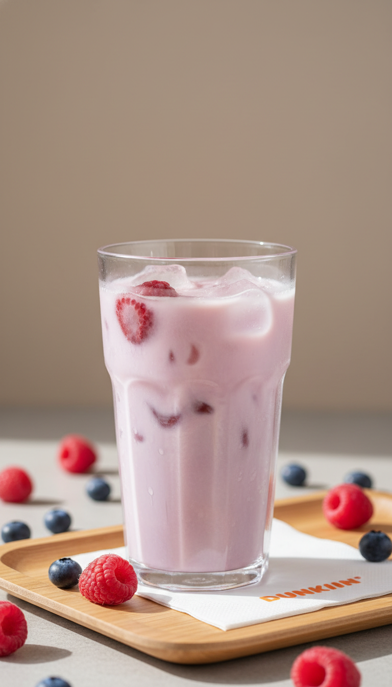 Light pink fruity iced coffee in a clear glass with condensation, fresh berries, Dunkin' napkin on wood tray.