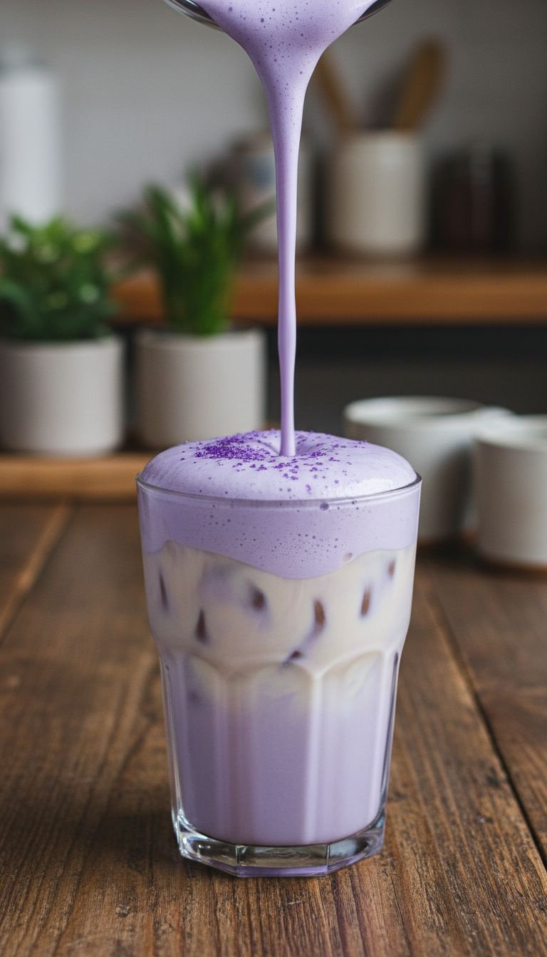 Master The Ube Latte 7 Expert Secrets For Perfect Color 5 Light purple Ube cold foam drizzled over an Iced Ube Latte with a dusting of Ube powder, on a rustic wooden table.