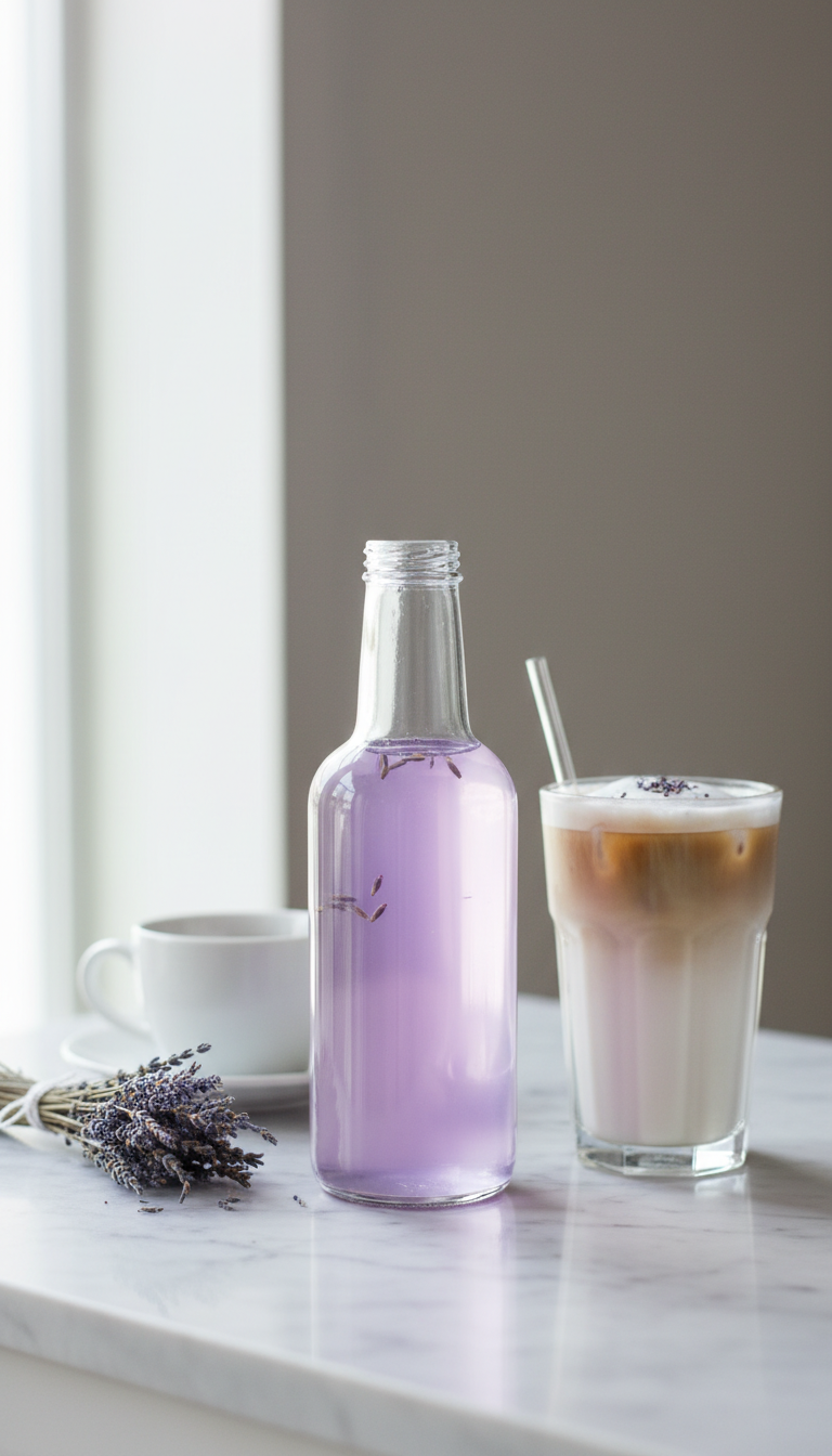 Homemade Coffee Syrup Gifts Easy Recipes & Ideas 7 Light purple lavender coffee syrup in a minimalist bottle next to an iced latte with lavender sprinkle on white marble.