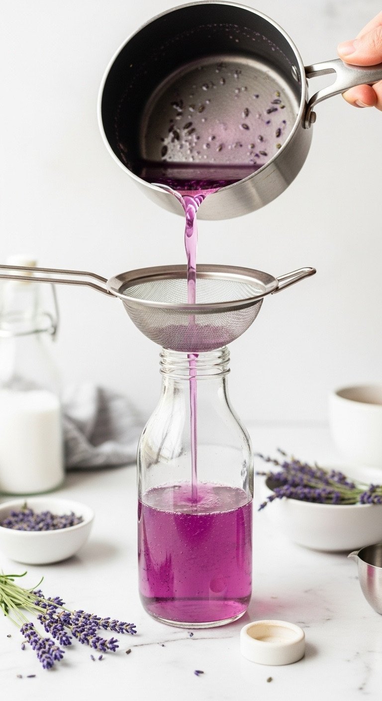 The Ultimate Lavender Iced Tea Guide To Perfect Non Bitter Flavor 3 Light purple lavender simple syrup pouring through a strainer into a glass dispenser. Fresh lavender sprigs on white marble, kitchen backdrop.