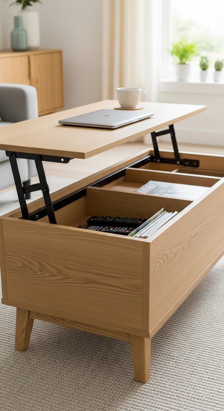 Light wood lift-top Scandinavian coffee table raised, revealing hidden storage with remotes, magazines, and a laptop.