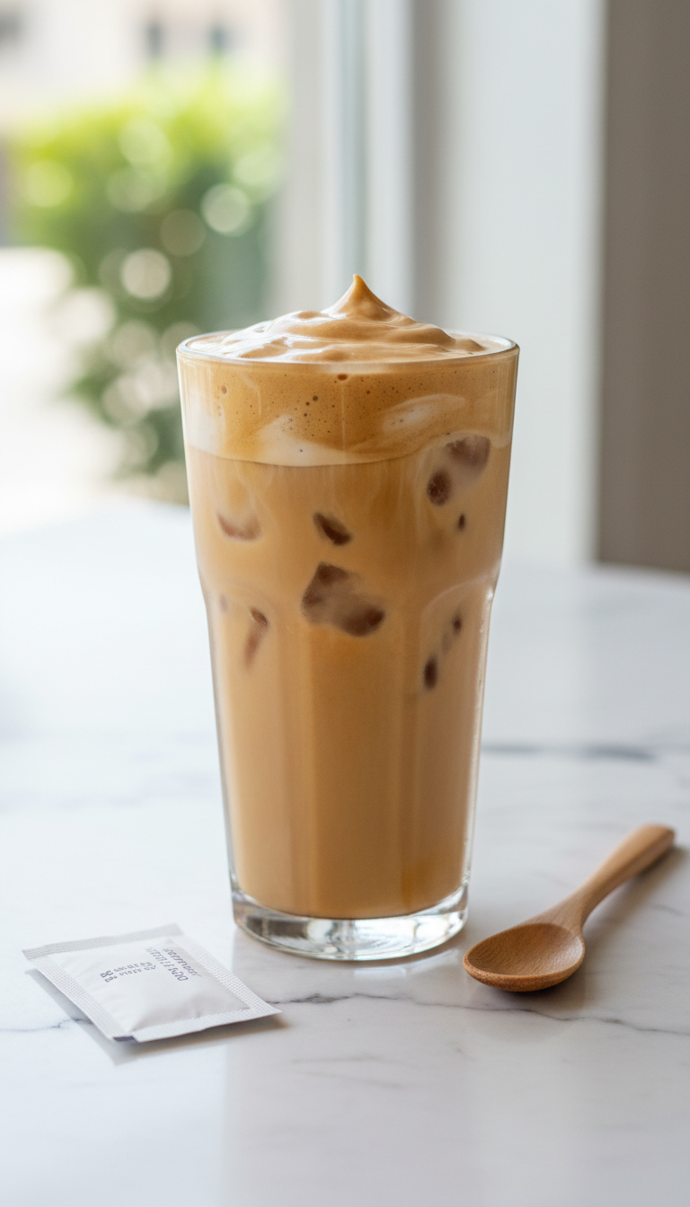 Lightened, lower-sugar iced coffee with clear ice, coffee, and reduced cookie butter cold foam on marble with wooden spoon.