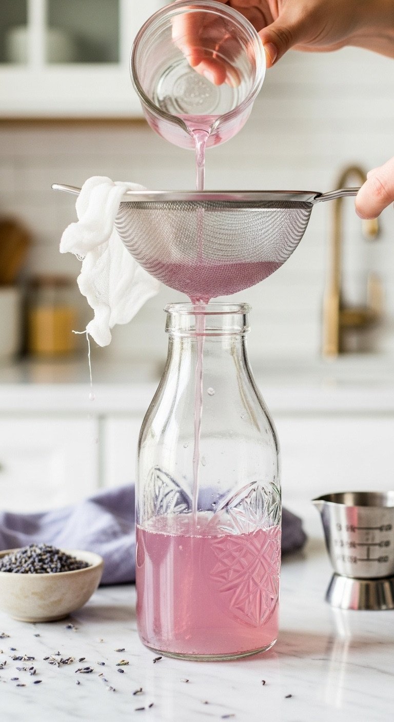 Lavender Latte Expert Guide Hot Or Iced With Tested Ratios 1 Lightly-tinted lavender simple syrup strained through a cheesecloth sieve into a clear antique bottle on a marble countertop with lavender buds.