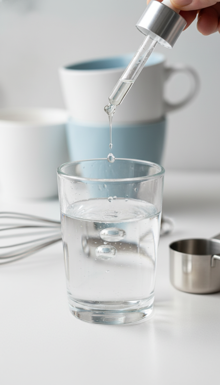 Homemade Stevia Coffee Syrup Easy Sugar-Free Recipe 7 Liquid stevia drops from dropper bottle into warm water in clear glass on white counter, with whisk and measuring cup.