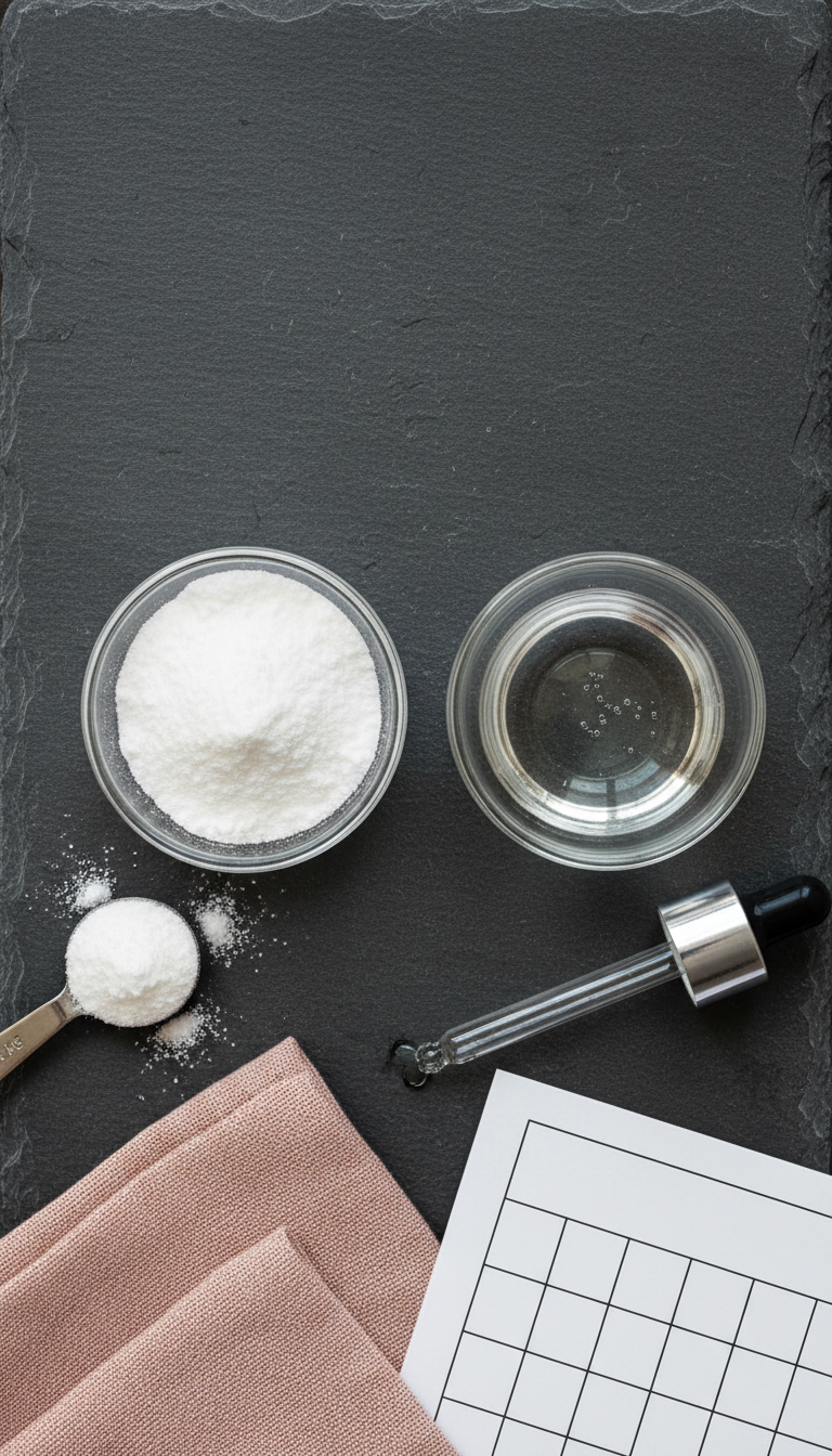 Homemade Stevia Coffee Syrup Easy Sugar-Free Recipe 13 Liquid vs powdered stevia in glass bowls, showing texture, with measuring spoons, dropper, on a slate stone surface.