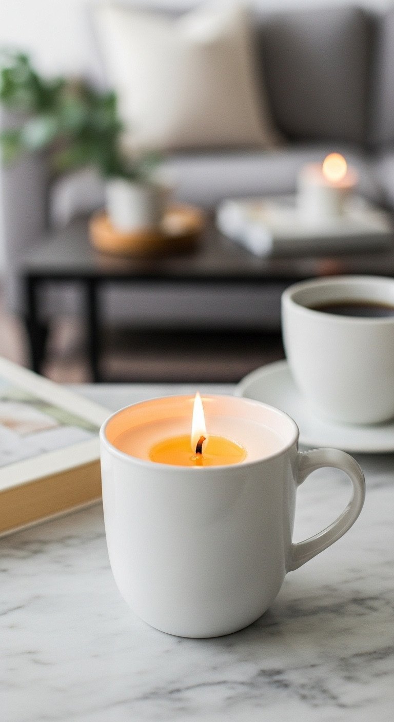 Lit coffee-scented candle in a white mug with a perfect melt pool, creating a cozy scene on a marble countertop.