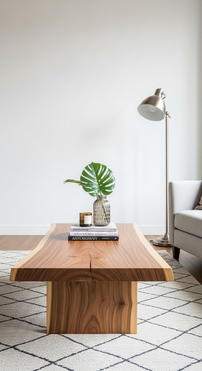 Live edge coffee table integrated into a modern industrial living room, contrasting raw wood with sleek decor.