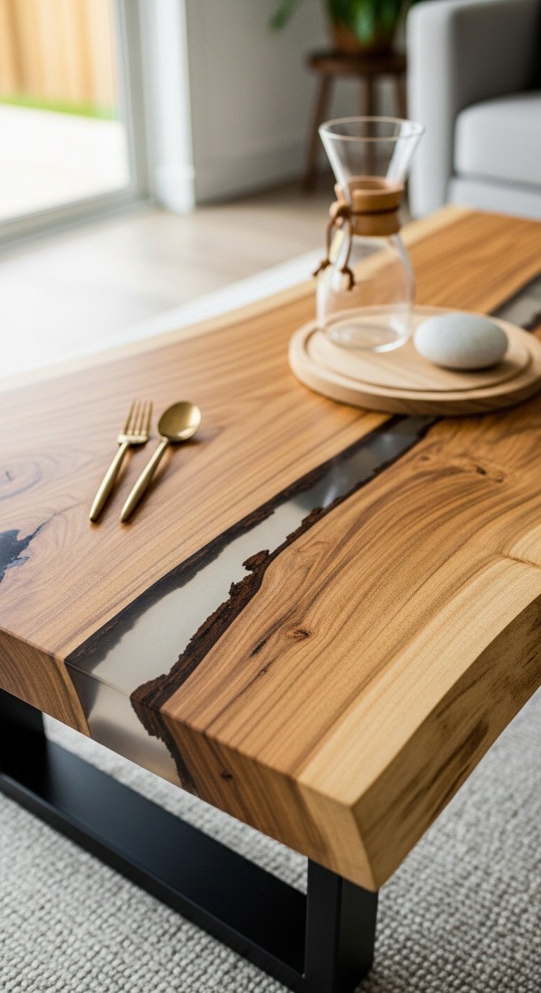 Live edge reclaimed slab coffee table, stunning wood grain with clear epoxy resin, modern luxurious living room.