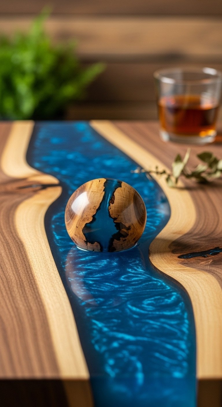Live-edge walnut river coffee table with vibrant blue epoxy resin inlay, highlighting natural wood grains and unique design.