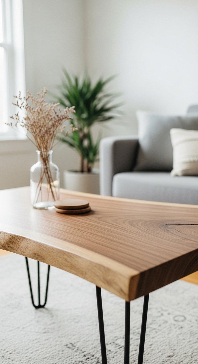 Live edge walnut wood coffee table with hairpin legs. Natural grain, organic edge in minimalist living room with vase and rug.