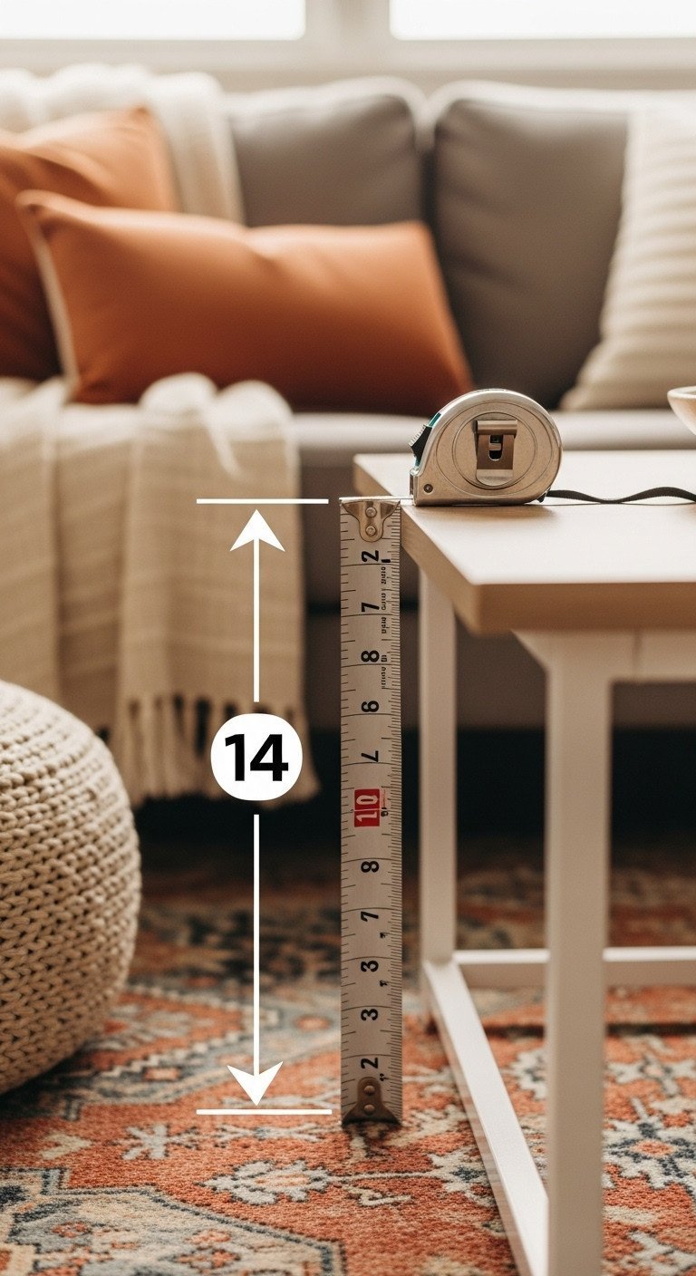 Living room demonstrating optimal 14-inch coffee table spacing from sofa with tape measure. Earthy terracotta and warm creams.