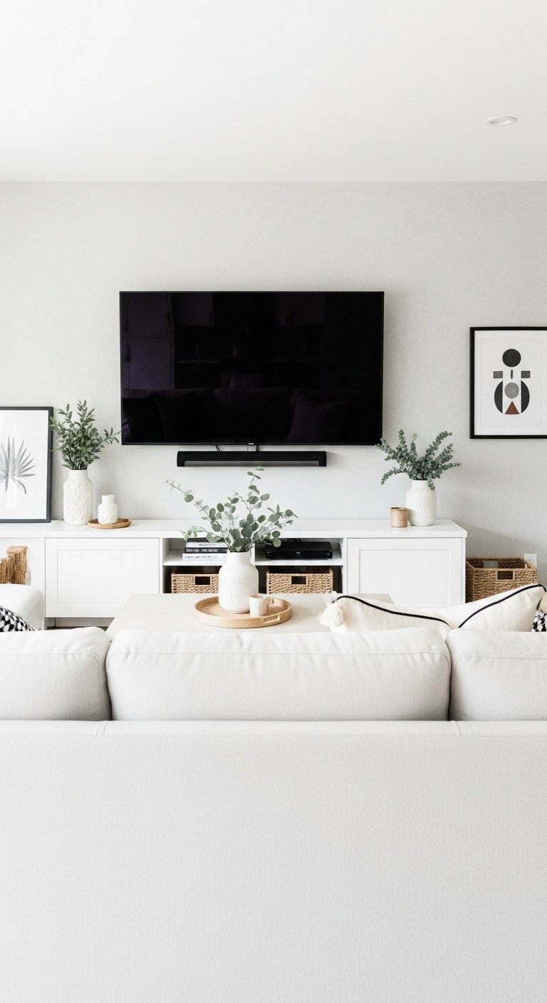 Living room for optimal TV viewing: sofa, media console, mounted TV. Whites, grays, black accents, bright light.