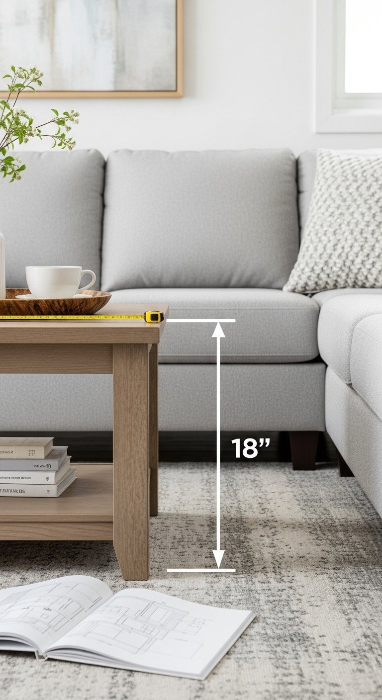 Living room with wood center table and light gray sofa, demonstrating ideal 18-inch spacing for perfect layout.