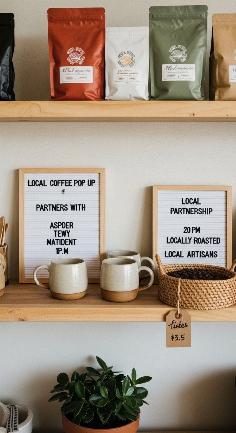 Local coffee pop-up display with artisan ceramic mugs and locally roasted coffee beans, highlighting community collaboration.
