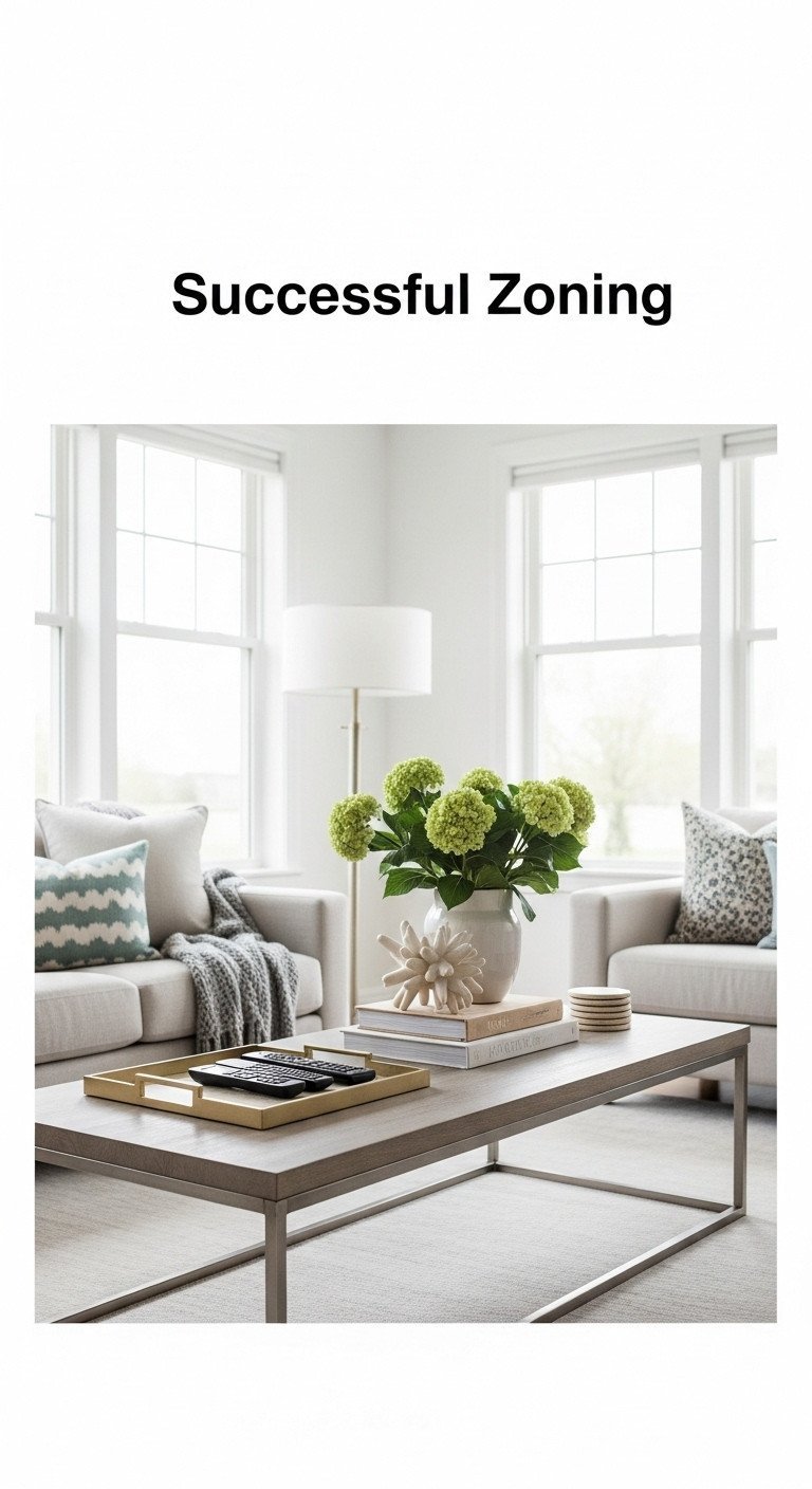 Long modern coffee table with zoned styling: functional tray, aesthetic vignette with books and sculpture, empty space. Organized home decor.