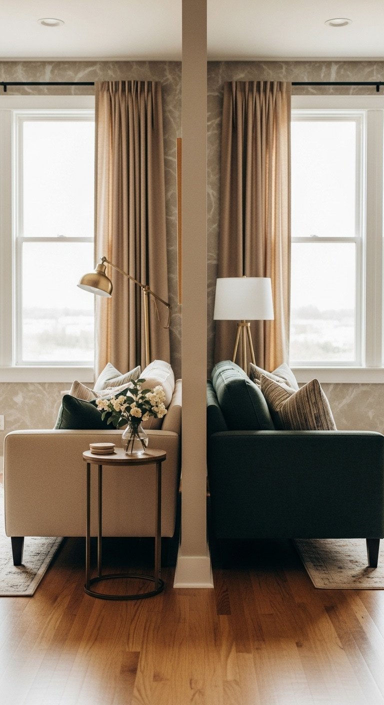 Long, narrow living room with console table dividing conversation and reading zones. Warm creams, deep greens, golden browns, soft natural light.