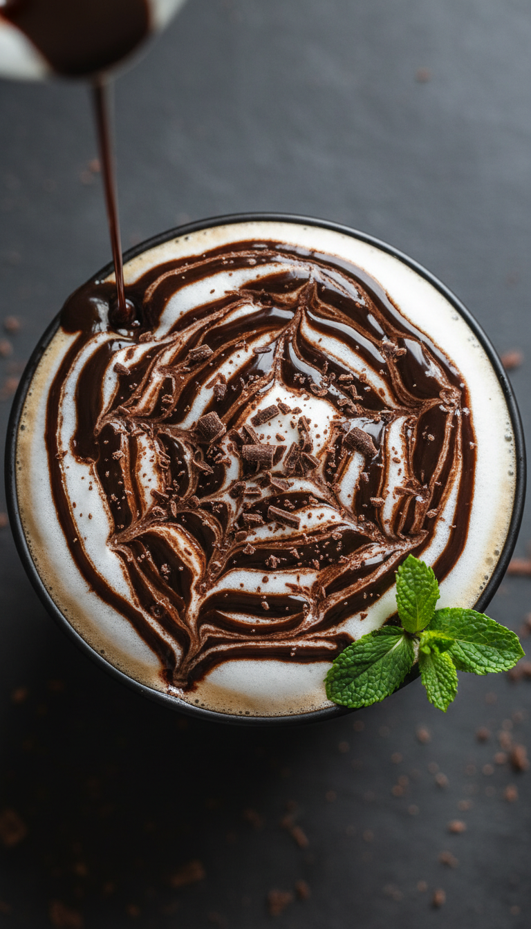 Low-cal mint chocolate mocha syrup drizzled over a latte with mint sprig, cocoa powder on a dark stone surface.