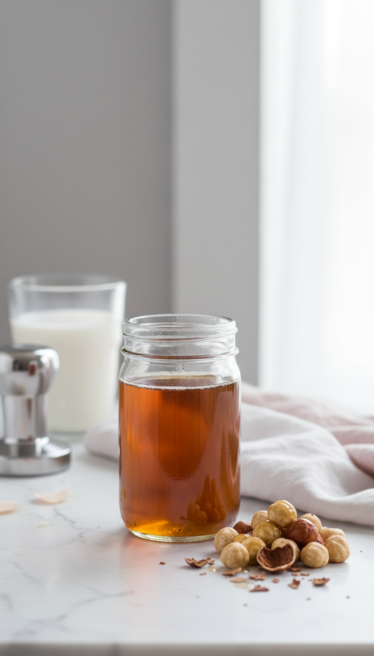 Low-calorie hazelnut coffee syrup jar next to whole toasted hazelnuts on a clean minimalist surface with a white napkin.