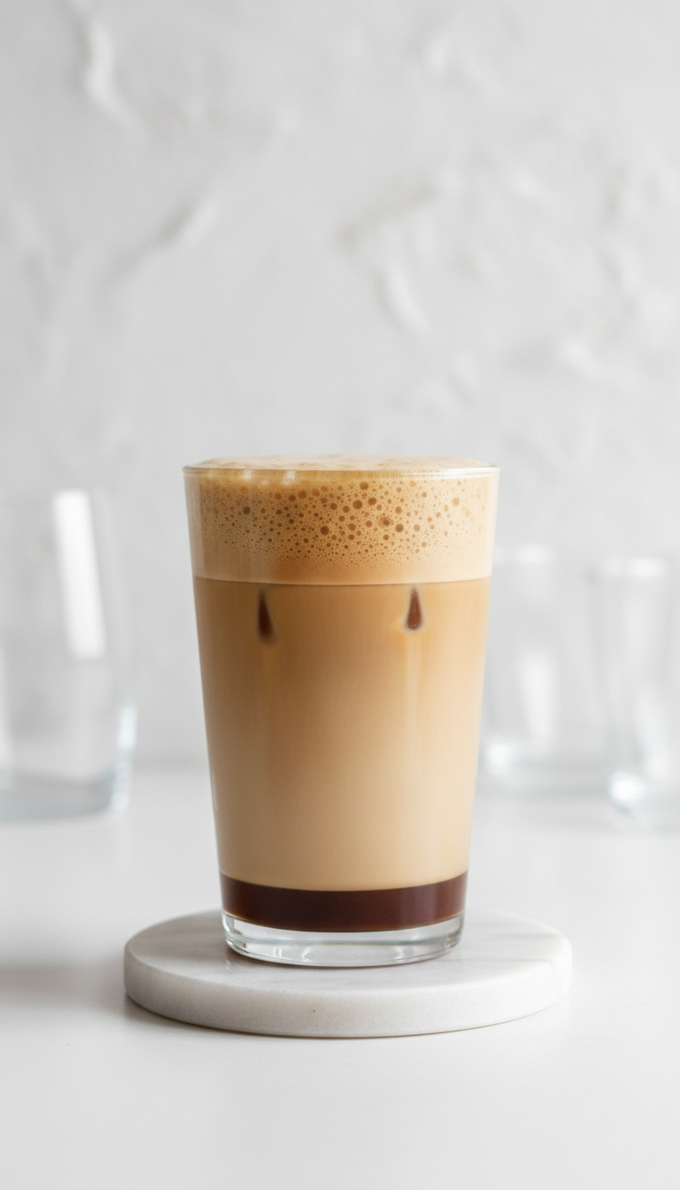 Your Essential Dunkin Hazelnut Iced Coffee Order Guide 5 Low-calorie hazelnut iced latte, layered espresso oat milk with frothy top in tall glass on white surface.