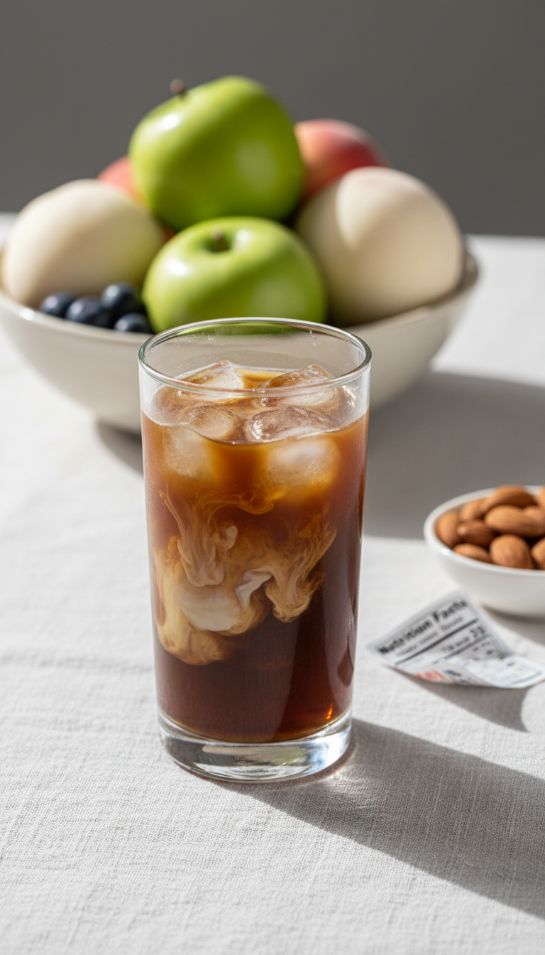Dunkin Iced Coffee Espresso: Master Your Custom Order 11 Low-calorie iced Americano with almond milk in a glass cup on linen, blurred fruit bowl, bowl of almonds, refreshing.